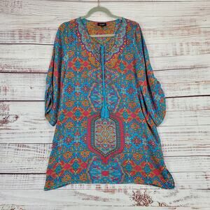 Tolani Tessa Tunic Boho Silk Dress L Tourquoise Blue Paisley Mixed Print Peasant